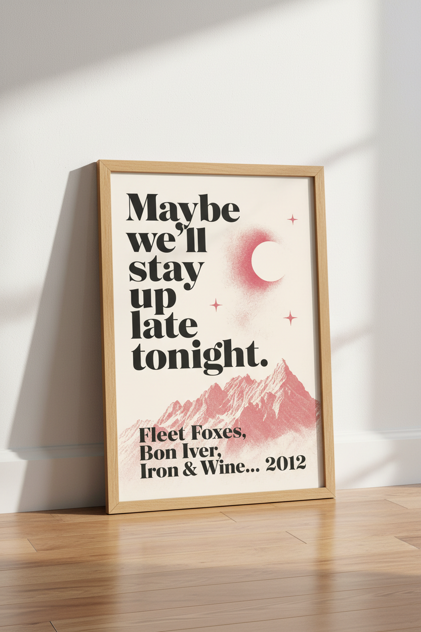 Indie Folk Lyric Wall Art Print | Pink Mountain Music Decor | Retro Aesthetic Poster