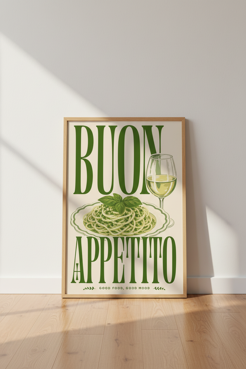 Italian Kitchen Wall Art Print | Pesto Pasta Wine Poster | Retro Dining Decor