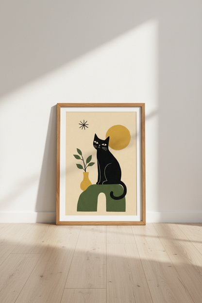 Black Cat Wall Art | Mid Century Modern Boho Print | Living Room Decor Art
