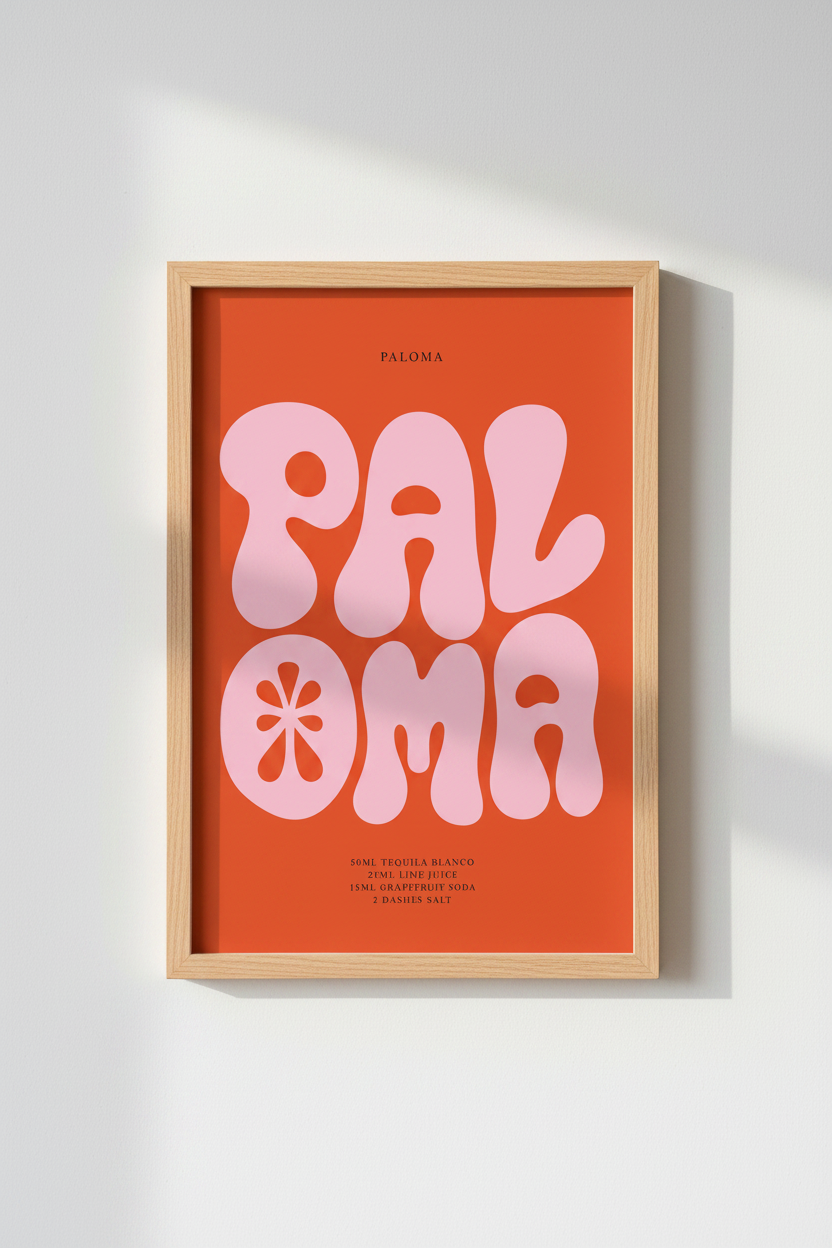 Paloma Cocktail Wall Art Print | Retro Orange Pink Bar Decor | Funky Kitchen Poster