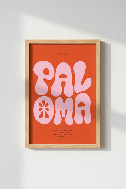 Paloma Cocktail Wall Art Print | Retro Orange Pink Bar Decor | Funky Kitchen Poster