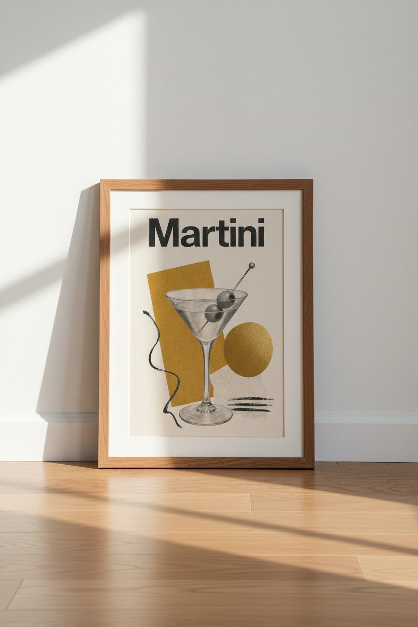 Martini Cocktail Wall Art Print | Mid-Century Modern Bar Decor | Abstract Gold Poster