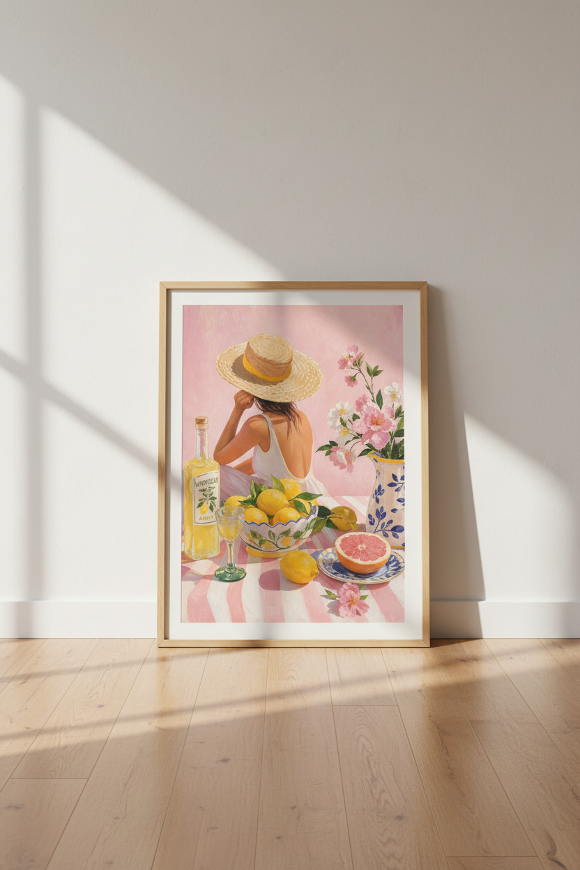 Amalfi Coast Art Print | Italian Summer Decor, Pink Lemon Kitchen Poster