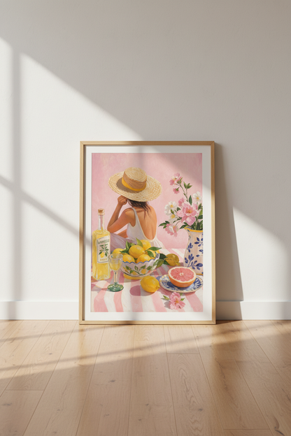 Amalfi Coast Art Print | Italian Summer Decor, Pink Lemon Kitchen Poster