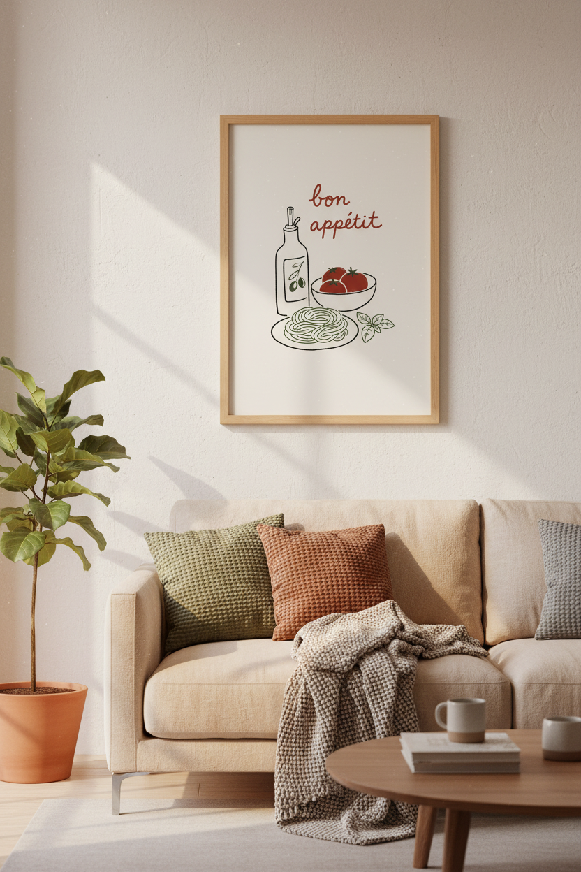 Bon Appetit Pasta Art Print | Kitchen Wall Decor | Minimalist Food Poster