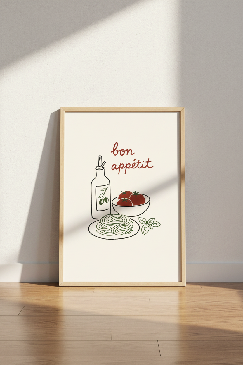 Bon Appetit Pasta Art Print | Kitchen Wall Decor | Minimalist Food Poster