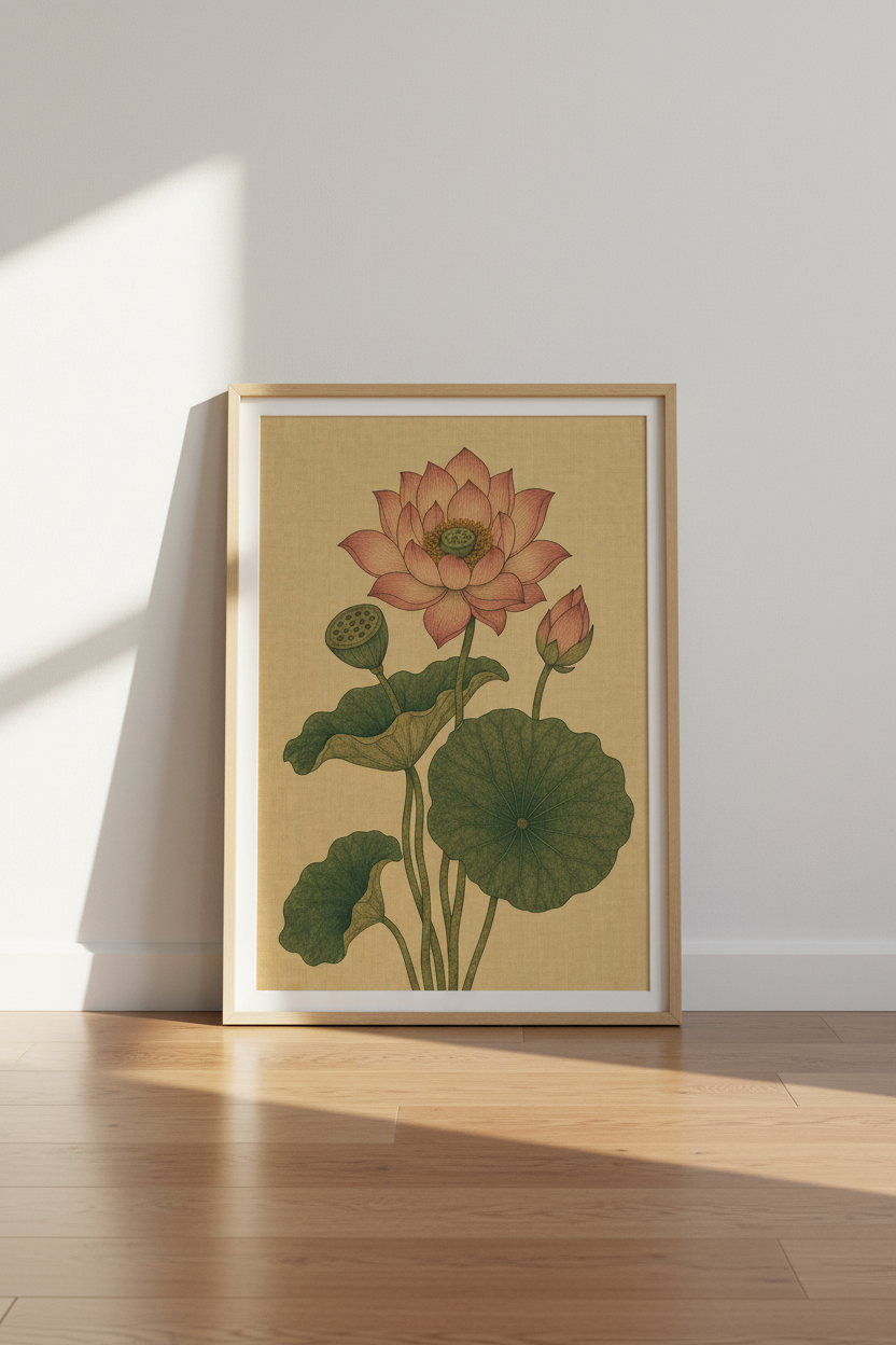 Vintage Lotus Flower Wall Art | Zen Botanical Print, Pink &amp; Green Yoga Decor