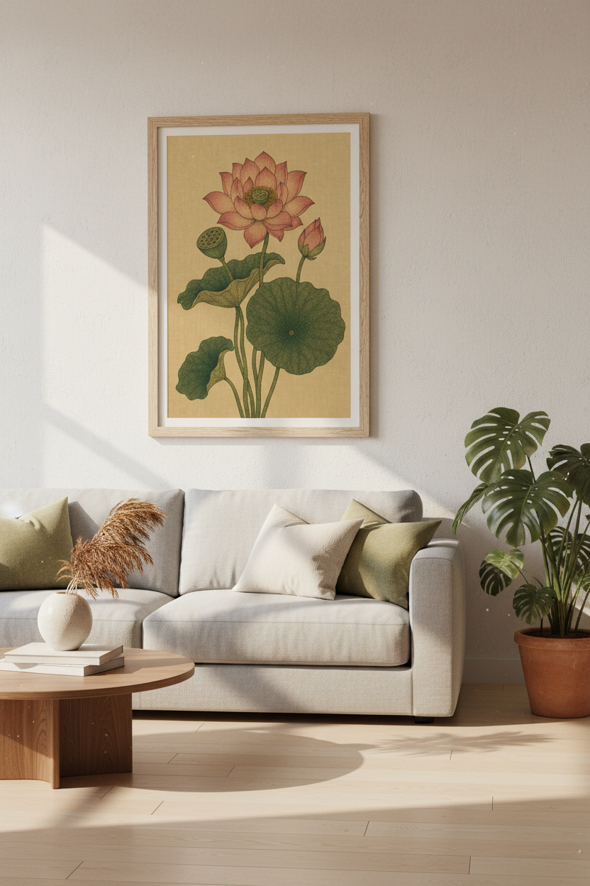 Vintage Lotus Flower Wall Art | Zen Botanical Print, Pink &amp; Green Yoga Decor