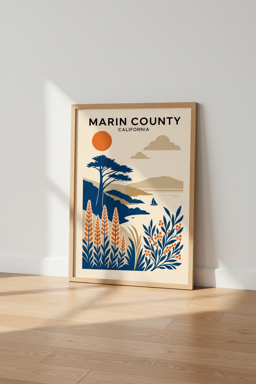 Marin County California Travel Poster | Coastal Landscape Wall Art, Modern Boho Decor