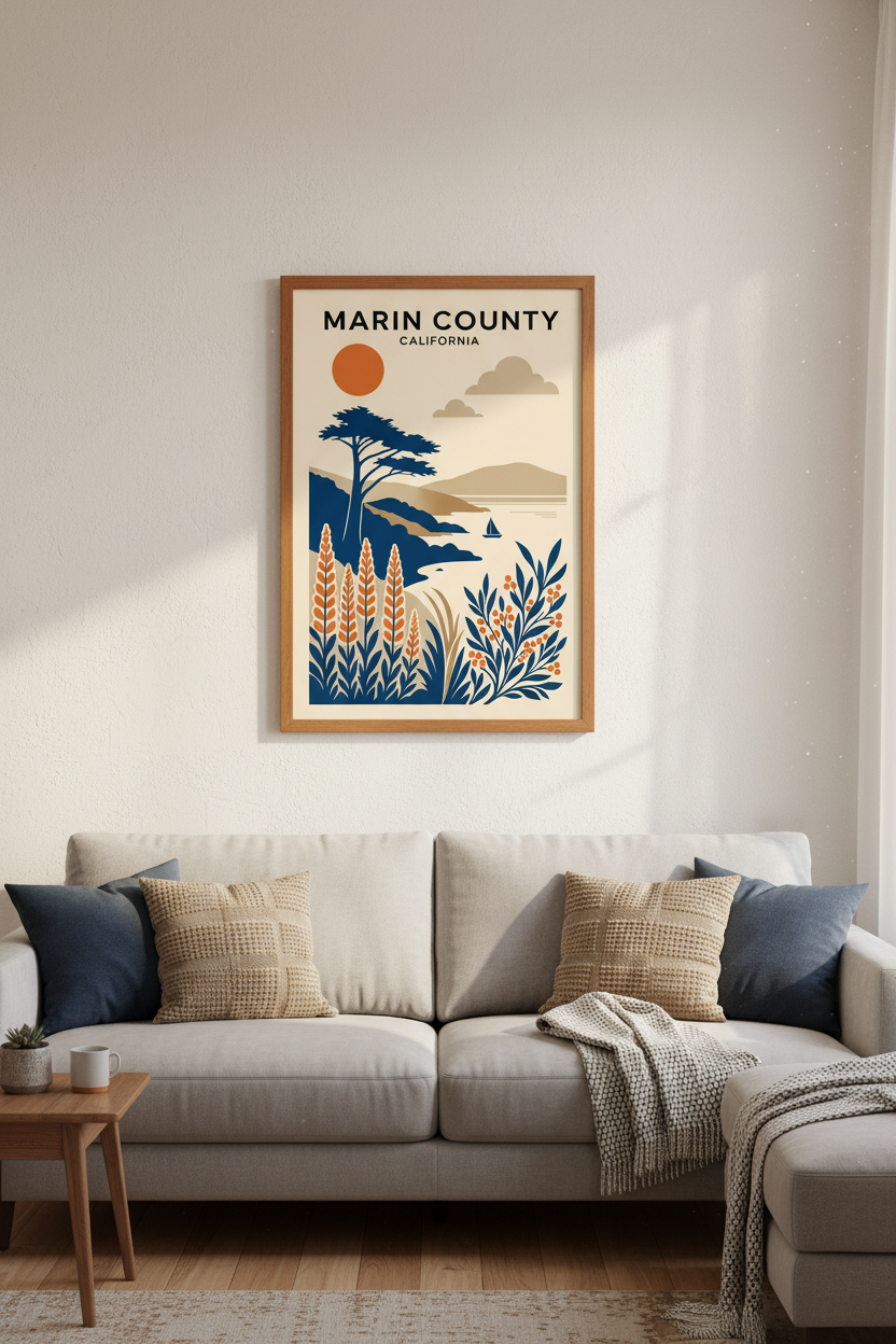 Marin County California Travel Poster | Coastal Landscape Wall Art, Modern Boho Decor