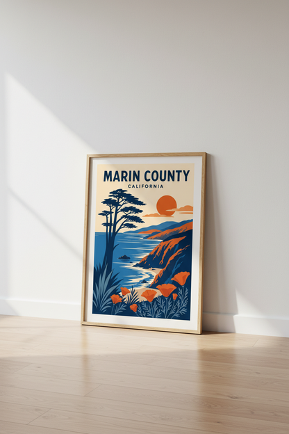 Marin County California Wall Art | Coastal Nature Decor | Retro Travel Poster