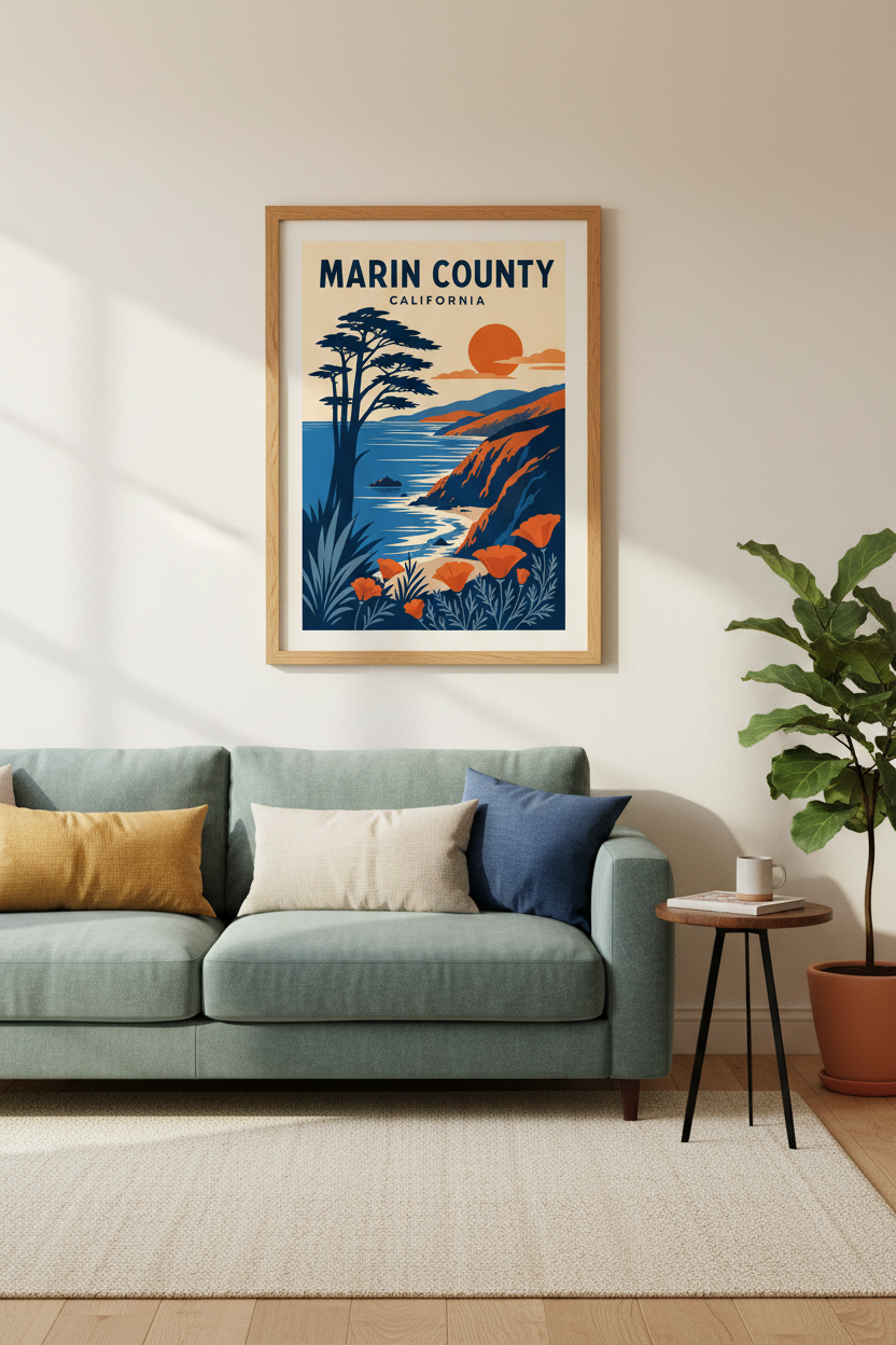 Marin County California Wall Art | Coastal Nature Decor | Retro Travel Poster