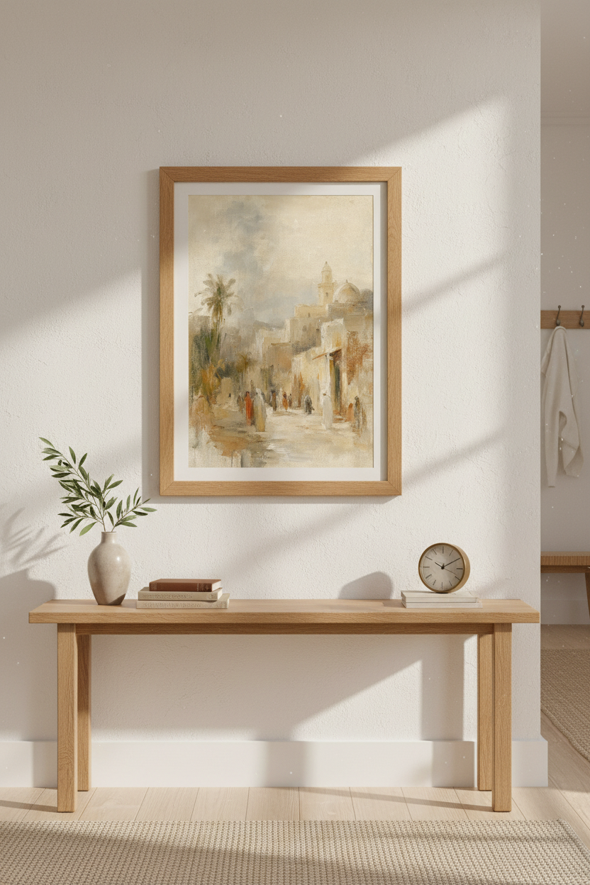 desert town wall art | Impressionist cityscape, beige palette | Living room decor