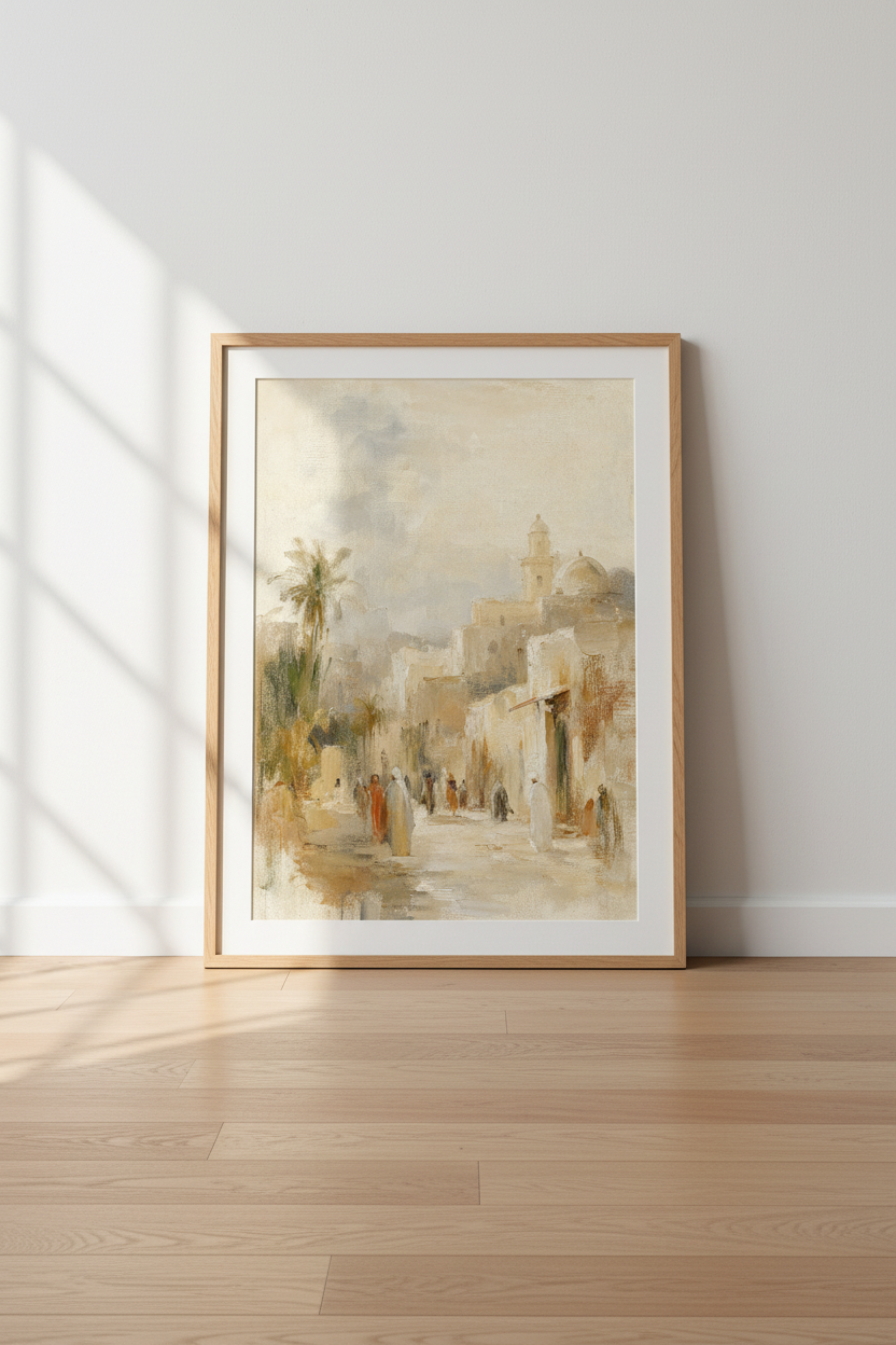 desert town wall art | Impressionist cityscape, beige palette | Living room decor