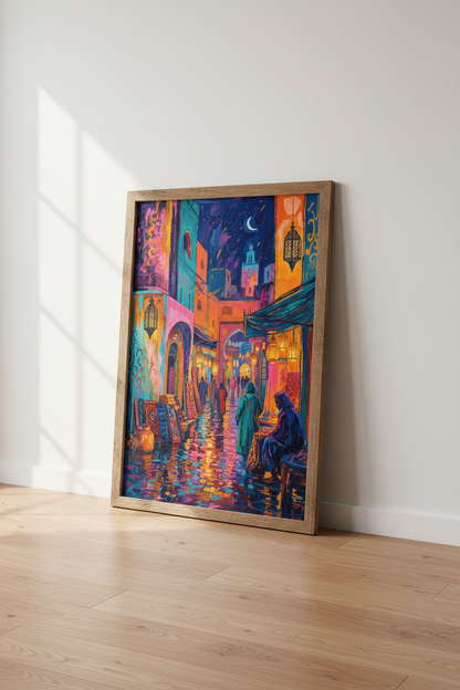 Moroccan Souk Street Wall Art Print | Boho Living Room Decor | Vivid Expressionist Poster