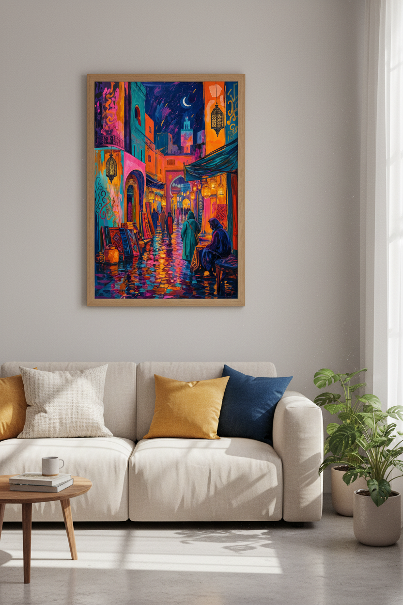 Moroccan Souk Street Wall Art Print | Boho Living Room Decor | Vivid Expressionist Poster