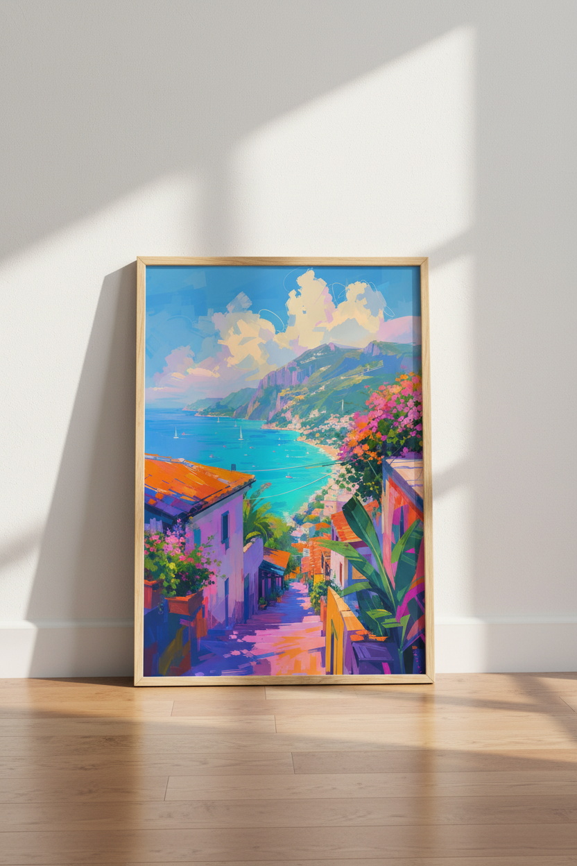 Amalfi Coast Print | Italy Landscape Wall Art, Colorful Mediterranean Poster