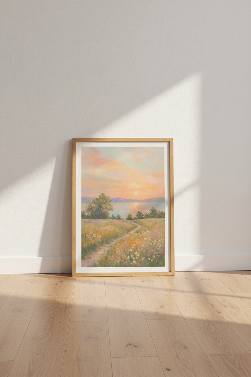 Meadow Sunset Landscape Art | Pastel Floral Lake Print, Bedroom Decor Poster