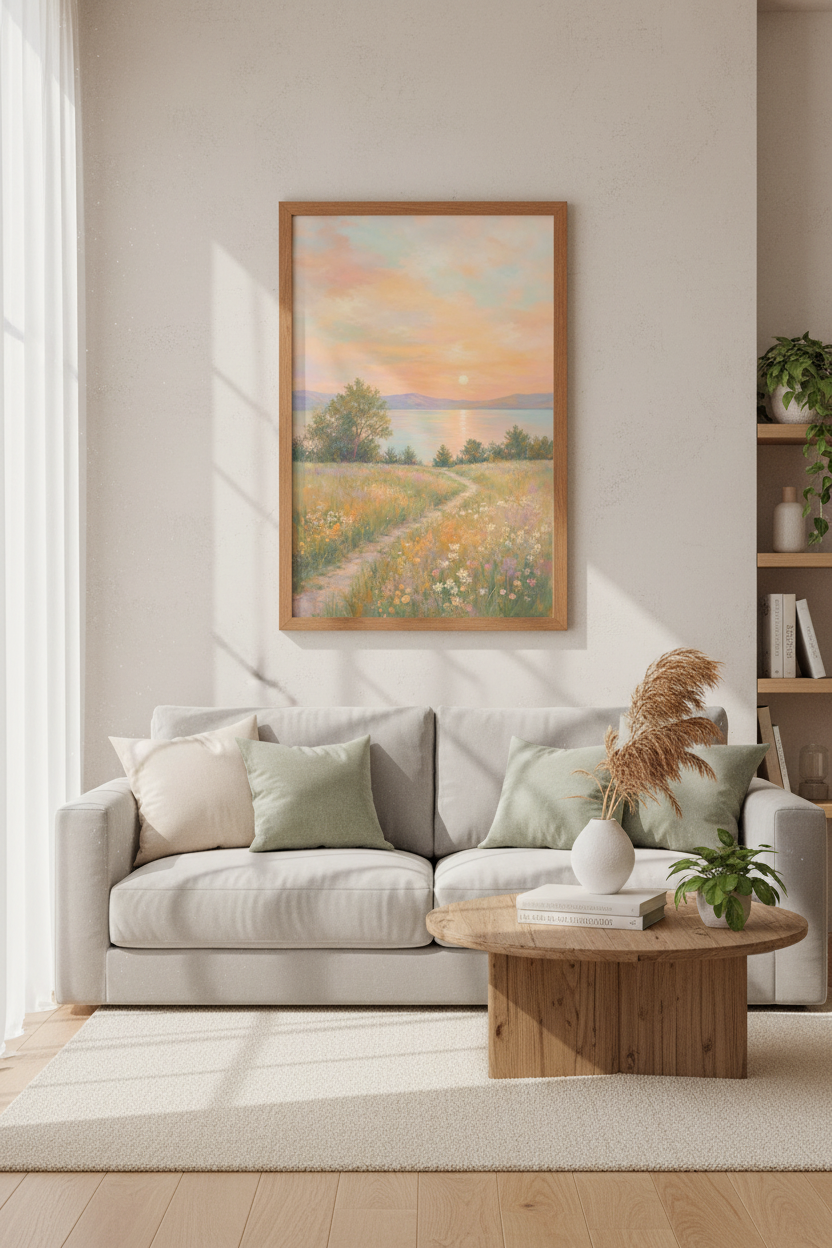 Meadow Sunset Landscape Art | Pastel Floral Lake Print, Bedroom Decor Poster