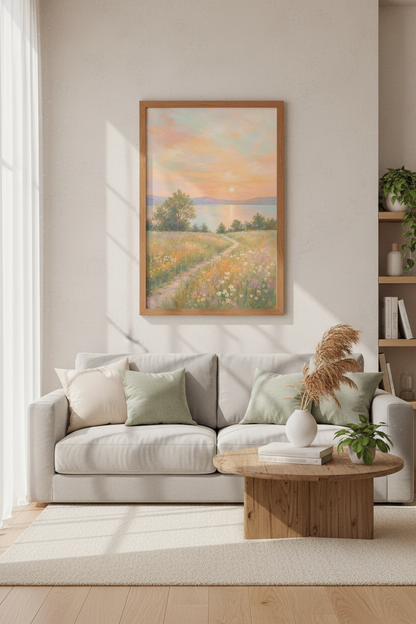 Meadow Sunset Landscape Art | Pastel Floral Lake Print, Bedroom Decor Poster