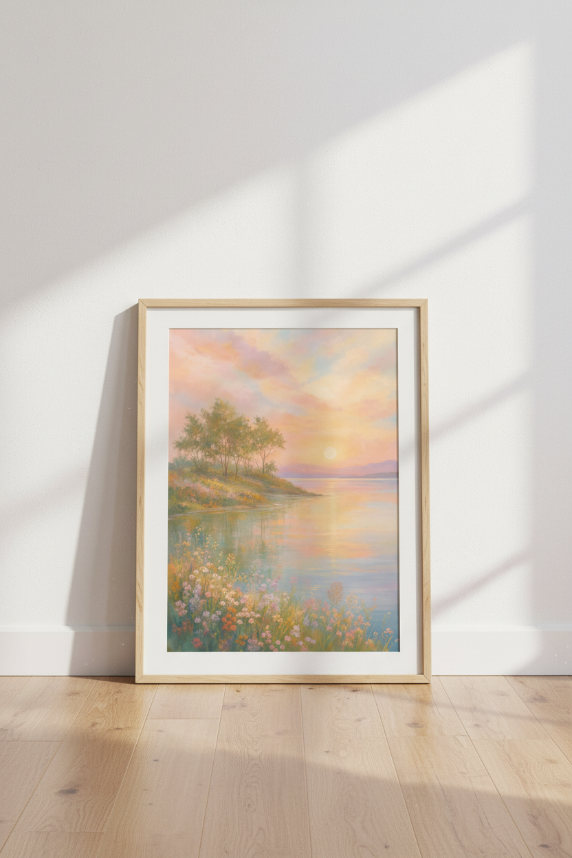 Sunset Lake Landscape Wall Art | Pastel Impressionist Decor | Nature Poster