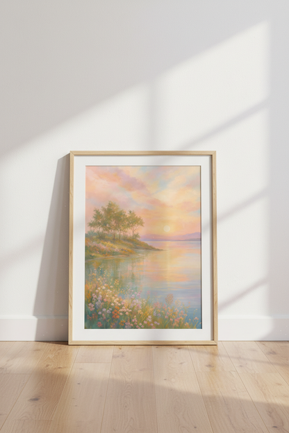 Sunset Lake Landscape Wall Art | Pastel Impressionist Decor | Nature Poster