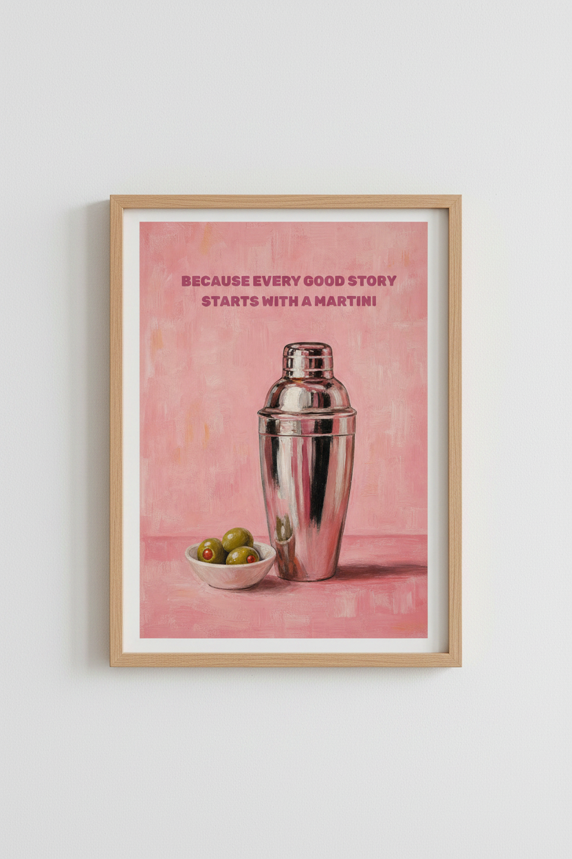 Martini Wall Art Print | Pink Bar Decor, Modern Cocktail Poster Oil Painting