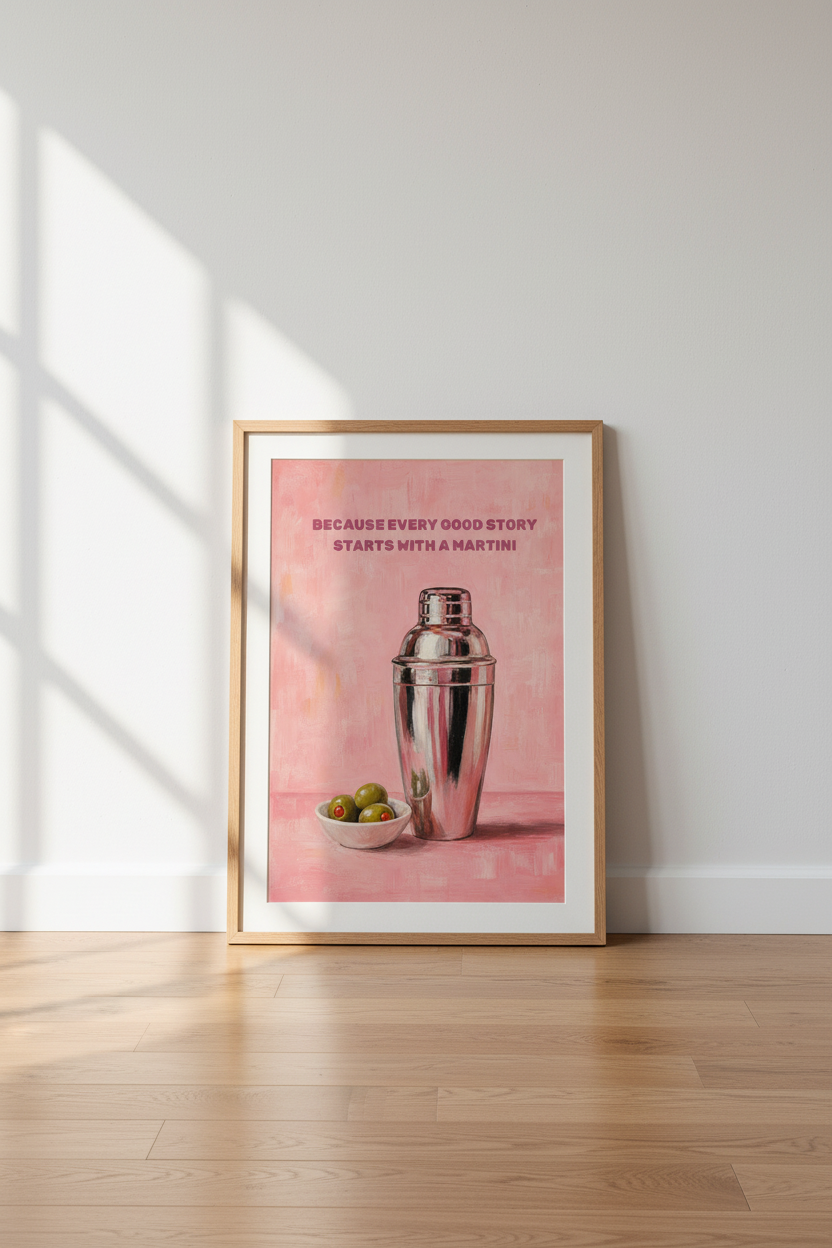 Martini Wall Art Print | Pink Bar Decor, Modern Cocktail Poster Oil Painting