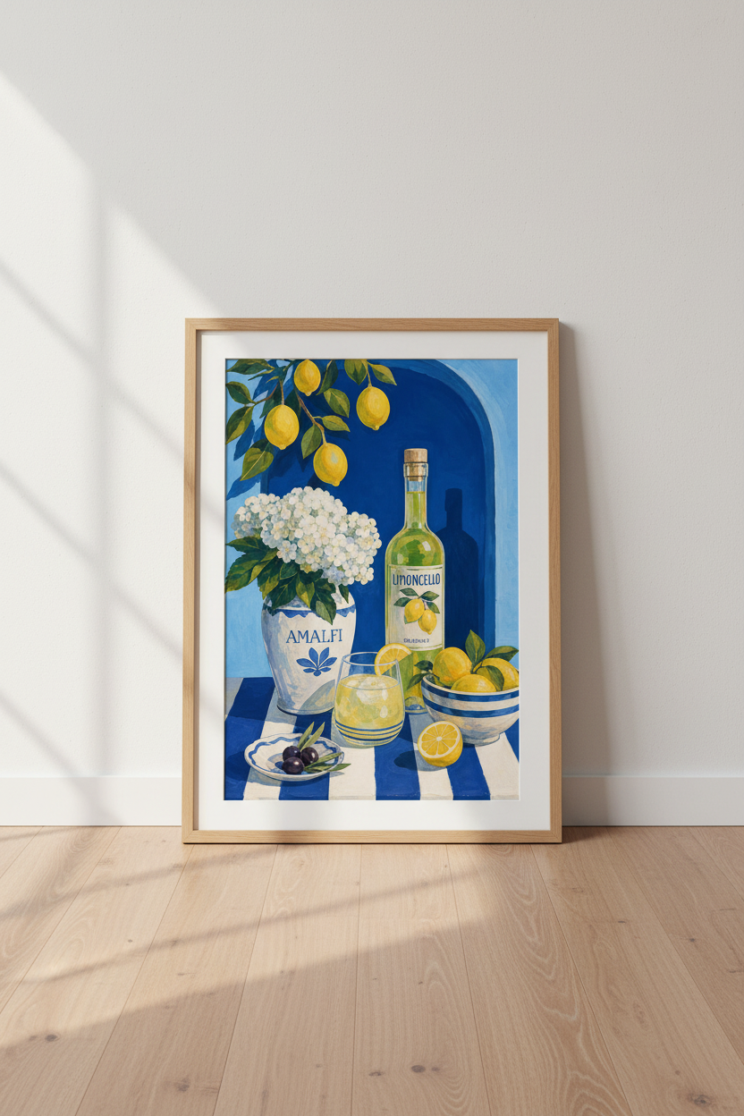 Limoncello Wall Art Print | Amalfi Coast Kitchen Decor | Mediterranean Poster