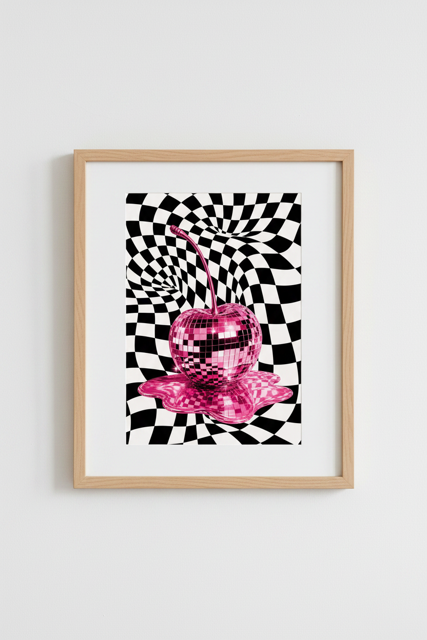 Disco Ball Cherry Print | Pink Retro Checker Art, Trippy Surrealist Poster