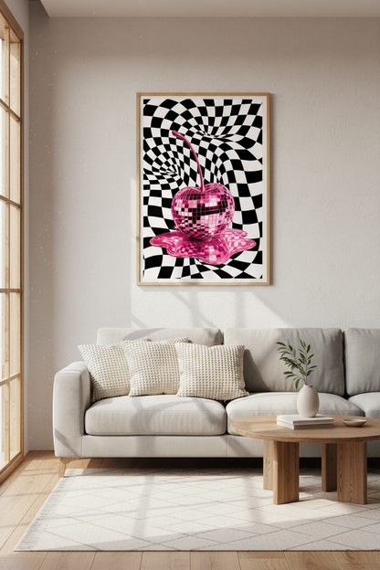 Disco Ball Cherry Print | Pink Retro Checker Art, Trippy Surrealist Poster