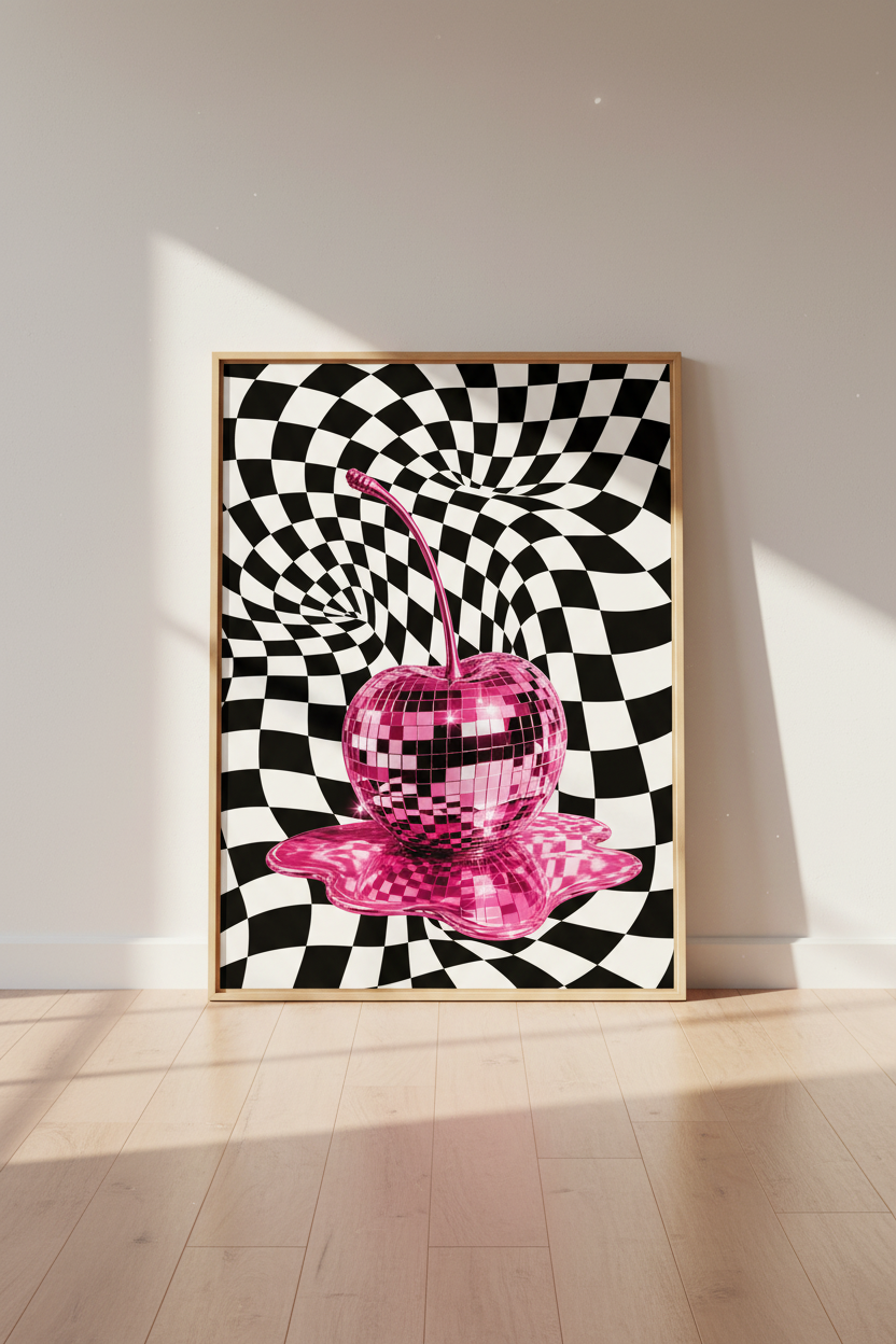 Disco Ball Cherry Print | Pink Retro Checker Art, Trippy Surrealist Poster