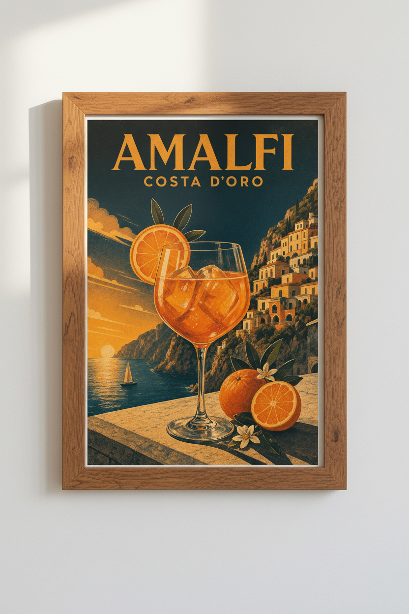 Amalfi Coast Italy Travel Poster | Vintage Cocktail Aperol Spritz Art, Kitchen Bar Decor