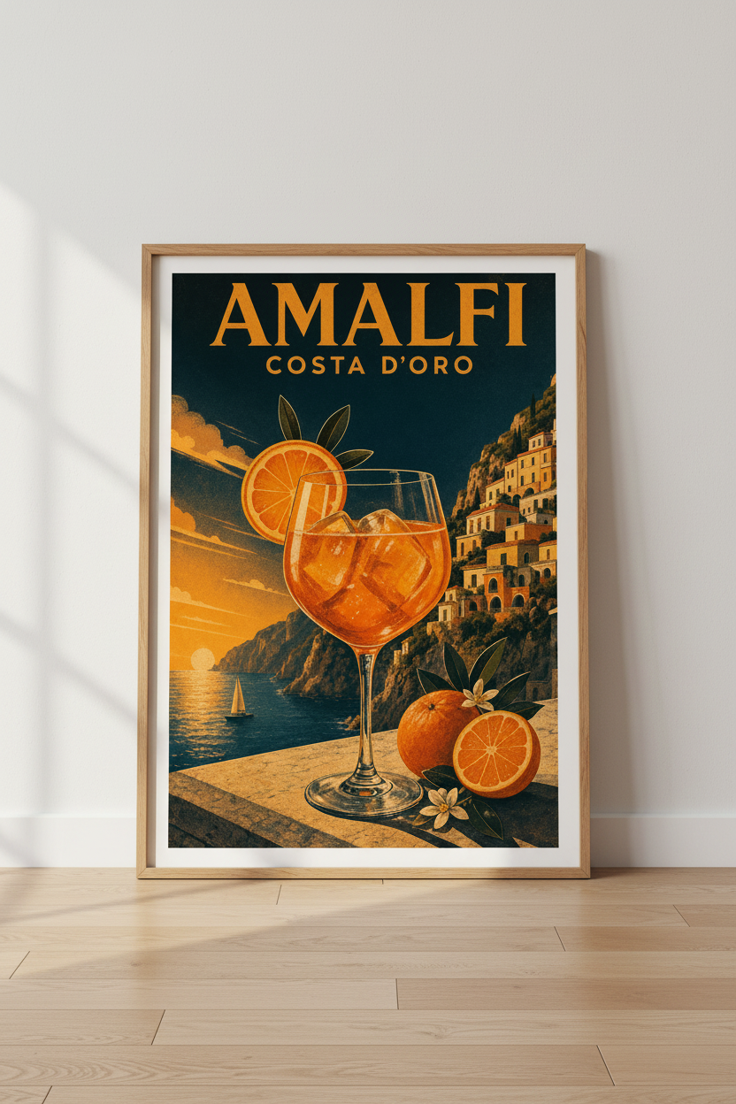 Amalfi Coast Italy Travel Poster | Vintage Cocktail Aperol Spritz Art, Kitchen Bar Decor