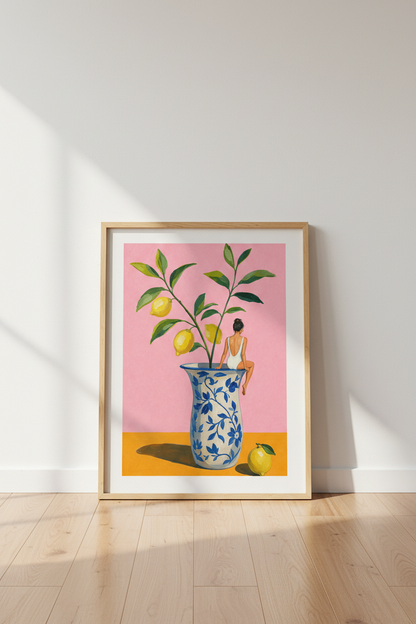 Lemon Oil Painting Print | Pink Mediterranean Decor | Whimsical Ginger Jar Poster