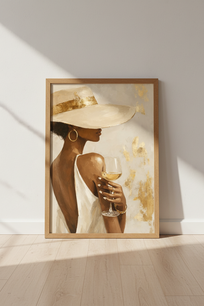 Black Woman with Wine Wall Art | Gold &amp; Beige Aesthetic, Chic Home Decor