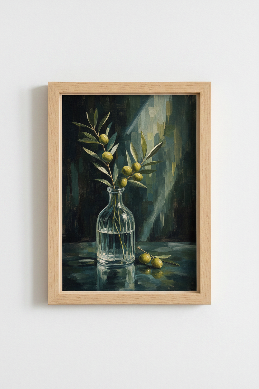 Moody Olive Branch Wall Art Print | Dark Botanical Poster, Farmhouse Kitchen Decor