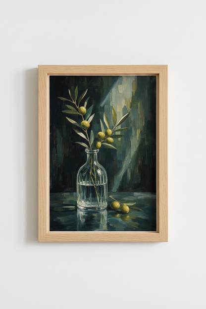 Moody Olive Branch Wall Art Print | Dark Botanical Poster, Farmhouse Kitchen Decor