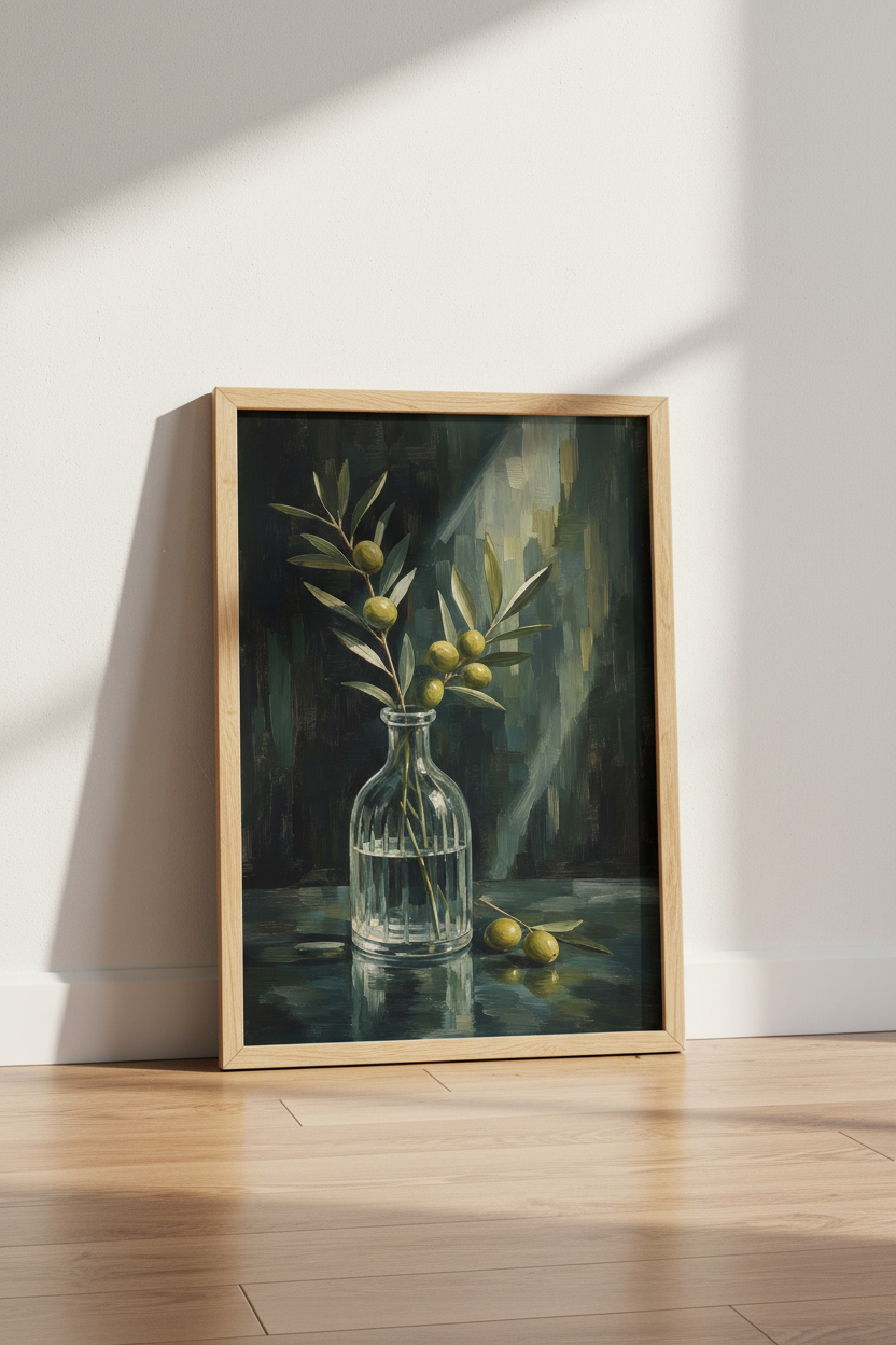 Moody Olive Branch Wall Art Print | Dark Botanical Poster, Farmhouse Kitchen Decor