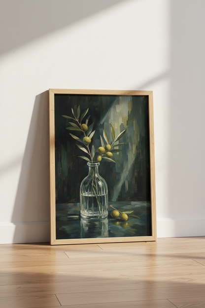 Moody Olive Branch Wall Art Print | Dark Botanical Poster, Farmhouse Kitchen Decor