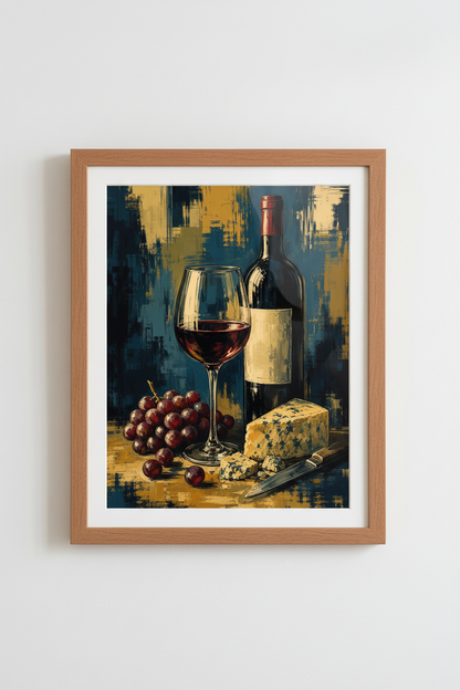 Abstract Wine Wall Art Print | Navy Blue &amp; Gold Kitchen Decor | Modern Still Life Poster