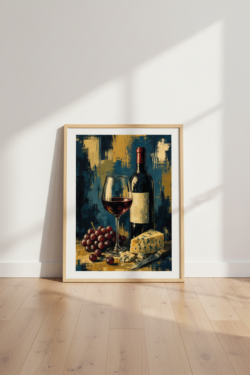Abstract Wine Wall Art Print | Navy Blue &amp; Gold Kitchen Decor | Modern Still Life Poster