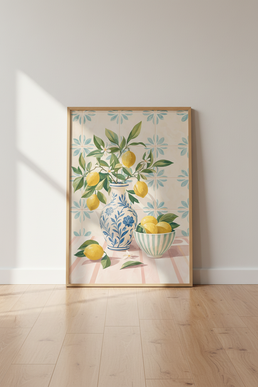 Lemon Still Life Wall Art | Mediterranean Kitchen Decor | Citrus Blue &amp; White Poster