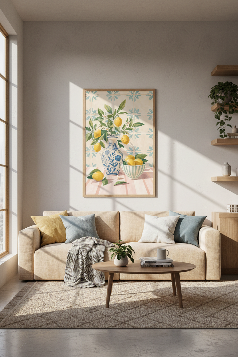 Lemon Still Life Wall Art | Mediterranean Kitchen Decor | Citrus Blue &amp; White Poster