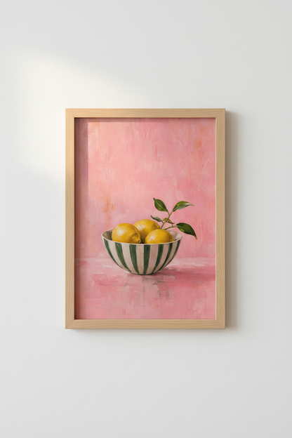 Pink Lemon Wall Art Print | Mediterranean Kitchen Decor | Aesthetic Oil Painting Poster