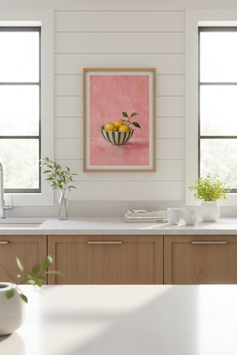 Pink Lemon Wall Art Print | Mediterranean Kitchen Decor | Aesthetic Oil Painting Poster