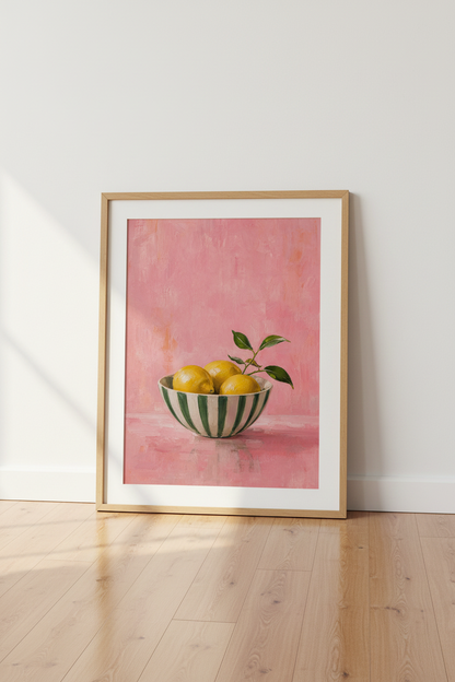 Pink Lemon Wall Art Print | Mediterranean Kitchen Decor | Aesthetic Oil Painting Poster
