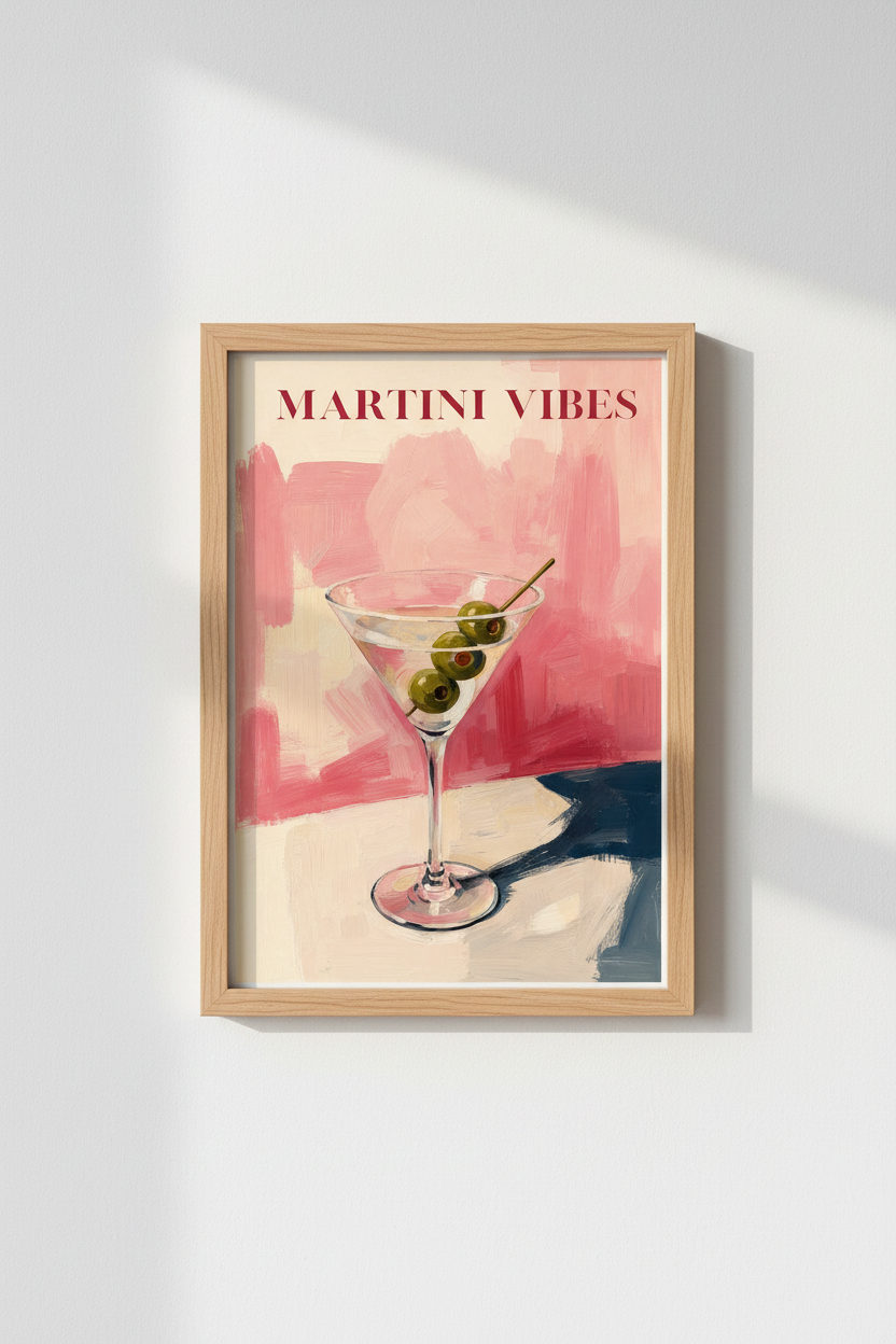 Pink Martini Poster | Modern Oil Painting Style, Kitchen &amp; Bar Cart Decor Art