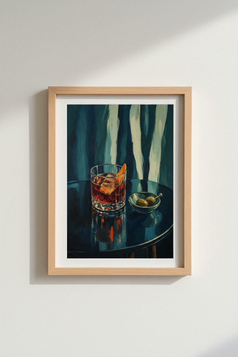 Negroni Cocktail Poster | Moody Oil Painting Style, Bar Cart &amp; Kitchen Decor Art