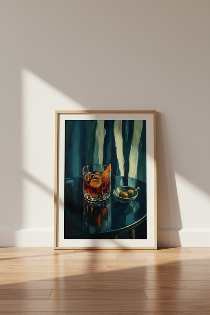 Negroni Cocktail Poster | Moody Oil Painting Style, Bar Cart &amp; Kitchen Decor Art